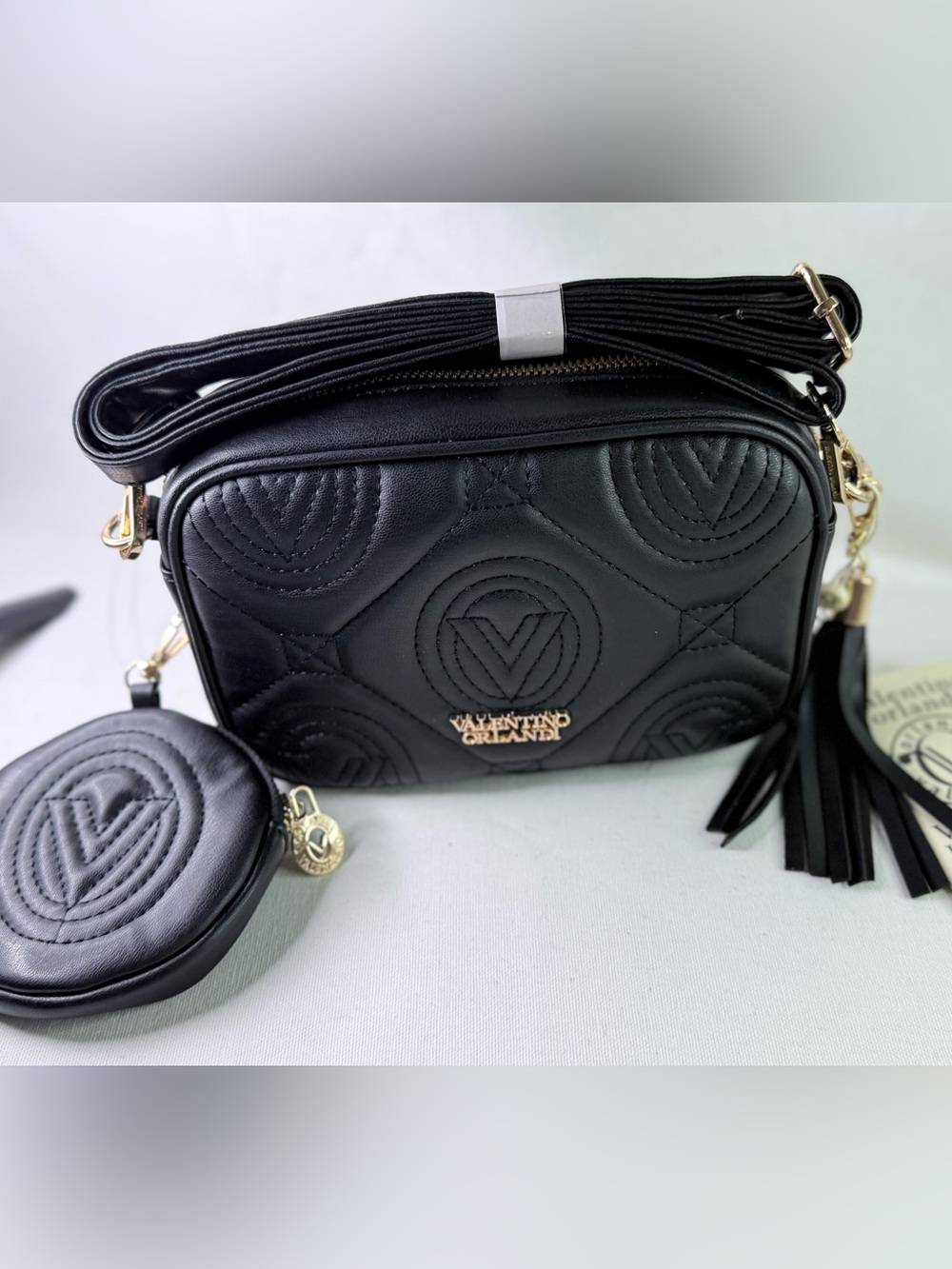 Valentino Orlandi Black Quilted Logo Crossbody Bag with Coin Pouch